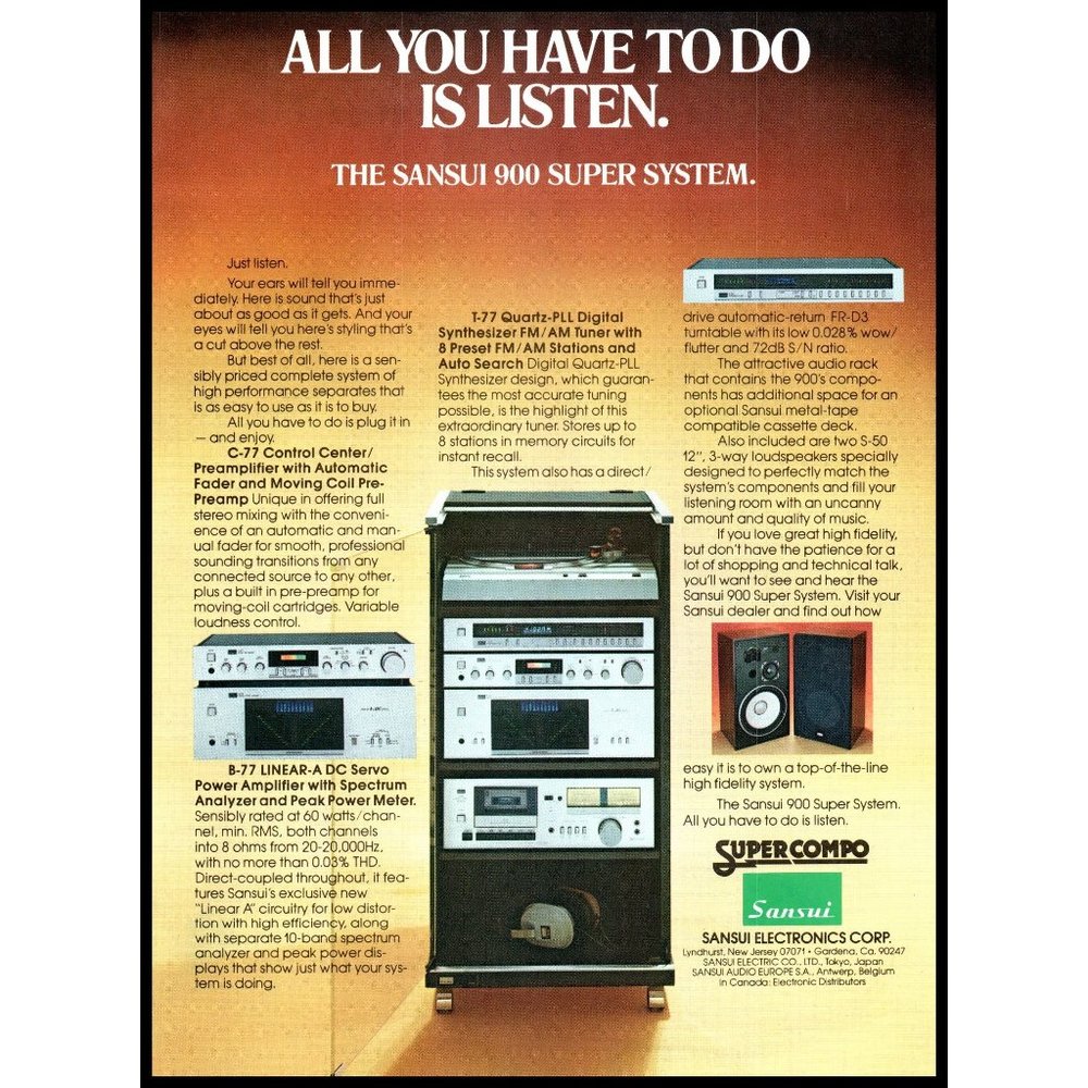 1980 Sansui 900 Super System Vintage Print Ad Audiophile Wall Art Component
